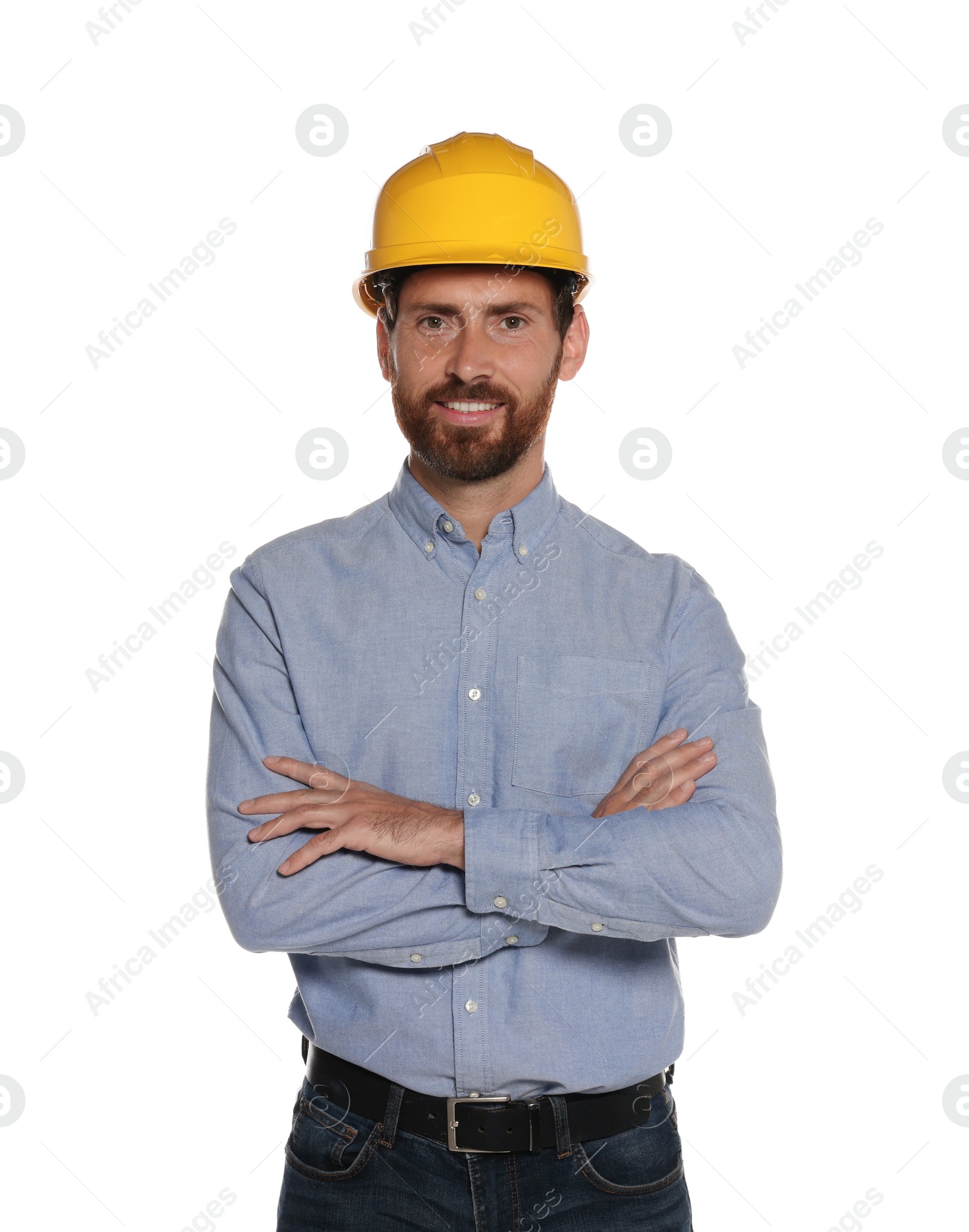 Photo of Professional engineer in hard hat isolated on white