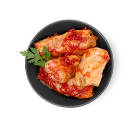 Photo of Bowl of delicious stuffed cabbage rolls cooked with homemade tomato sauce isolated on white, top view