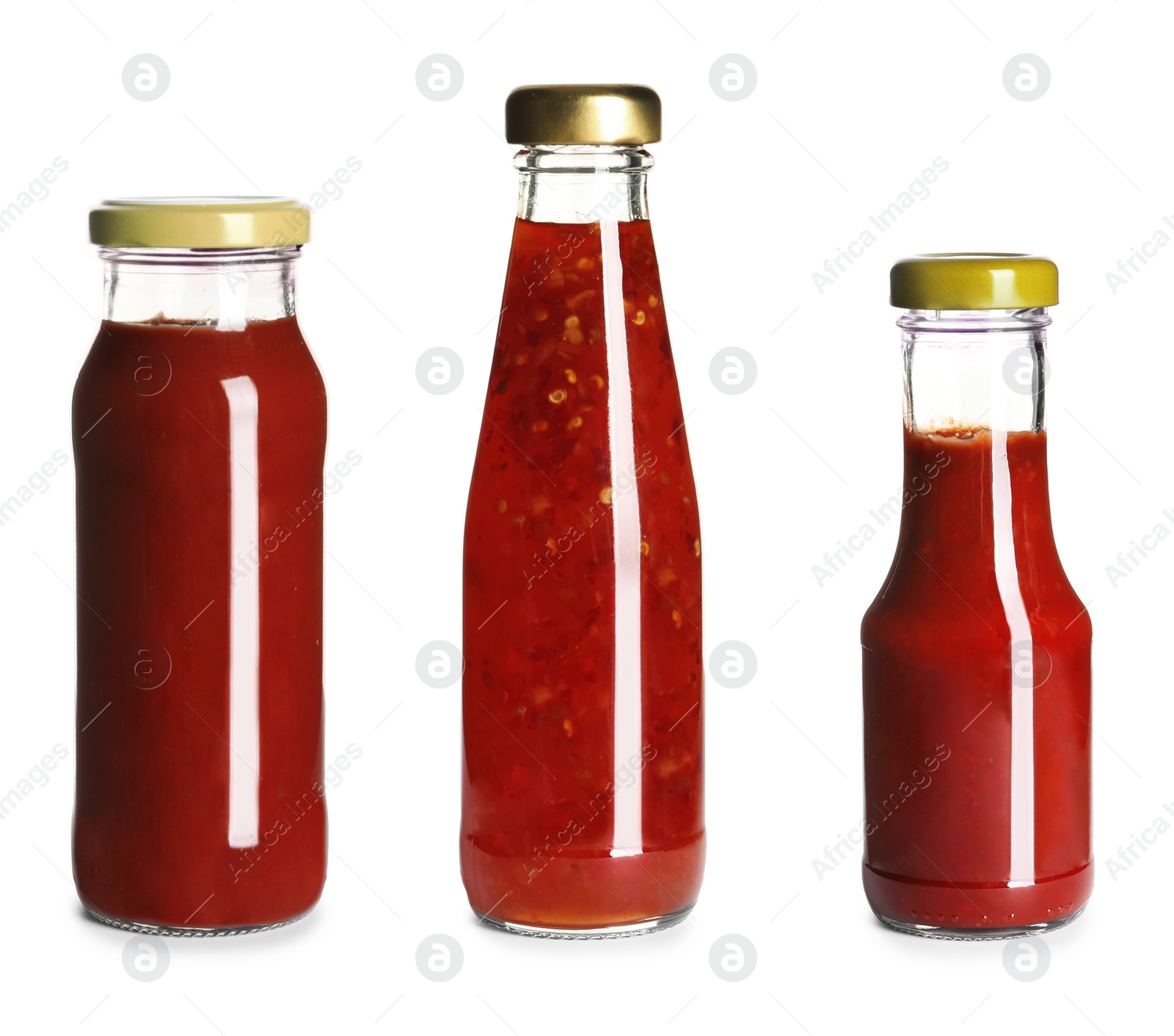 Image of Set with delicious sauces in glass bottles on white background