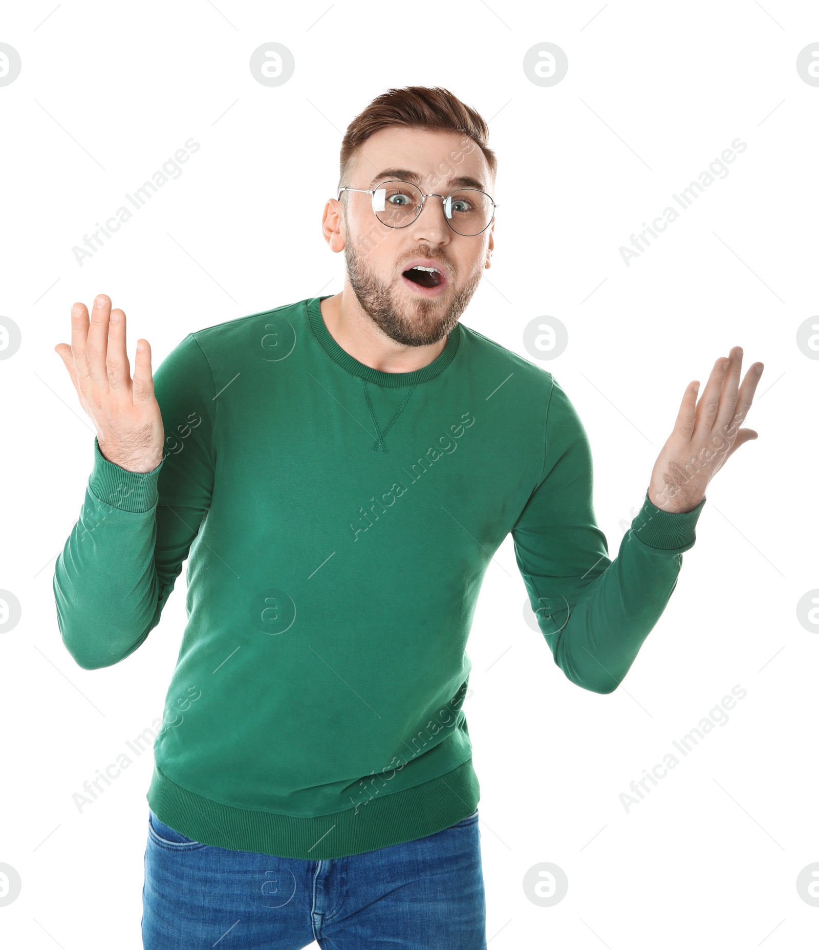 Photo of Portrait of emotional man on white background