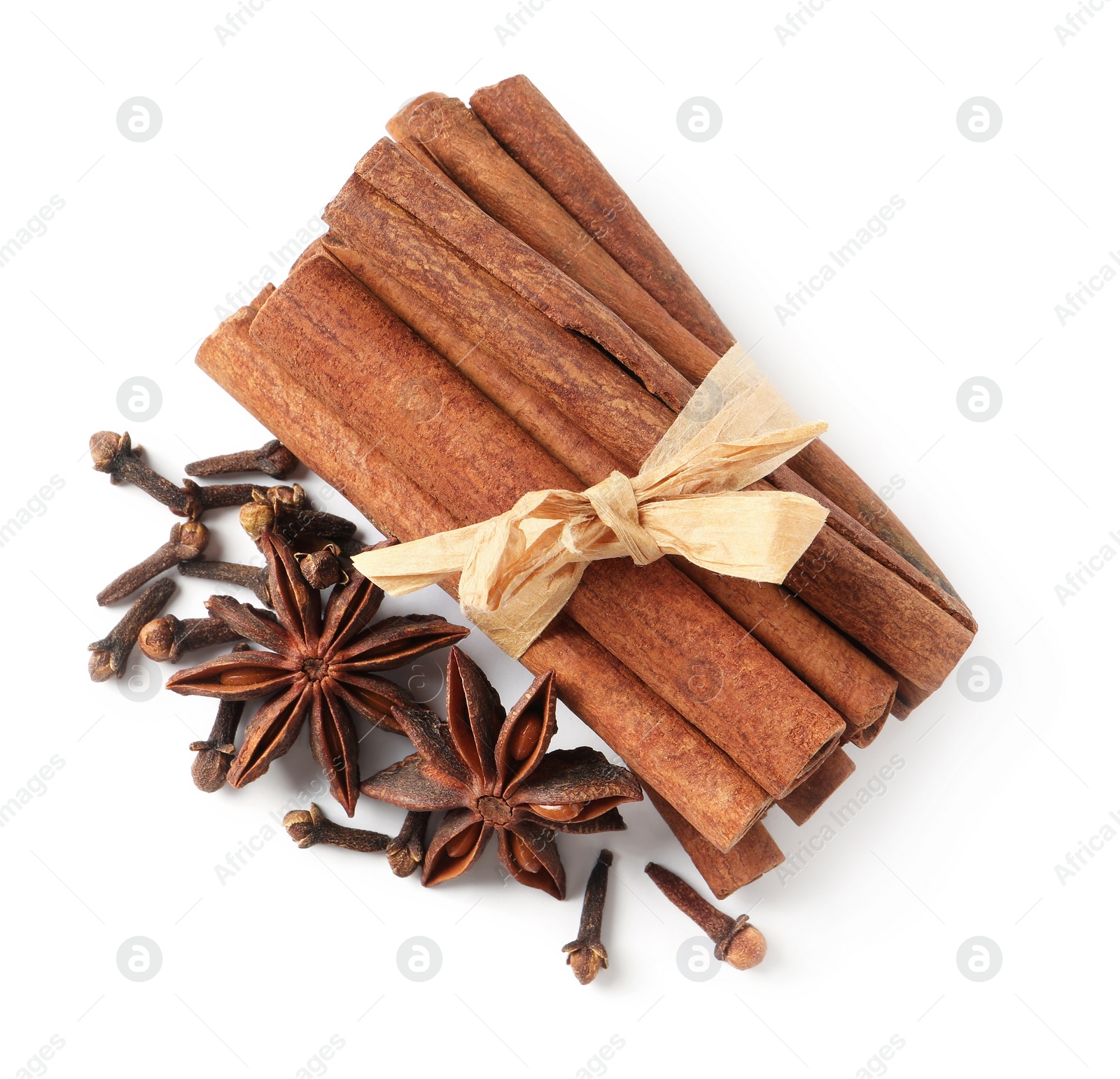 Photo of Different spices on white background, top view
