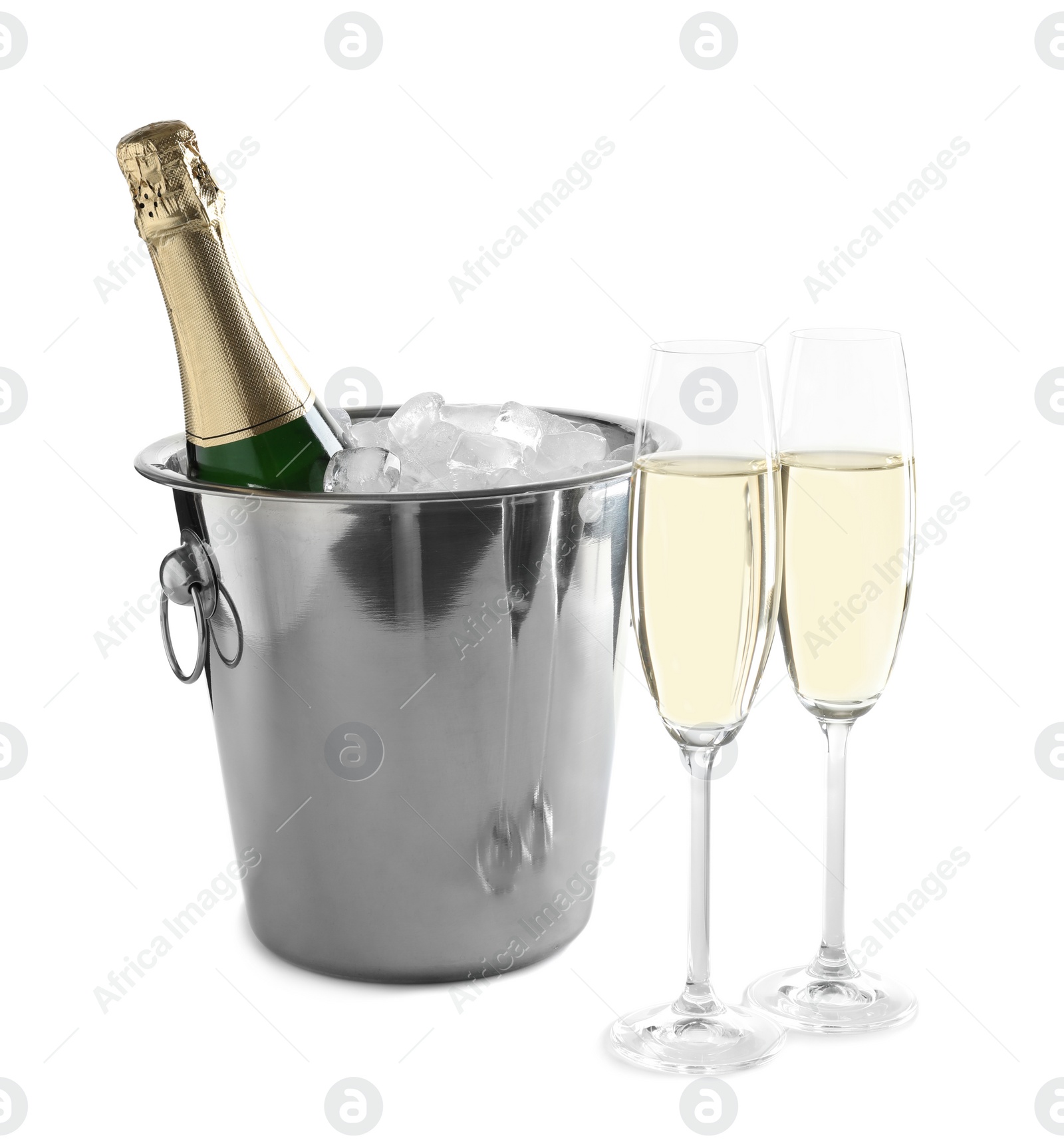 Photo of Glasses with champagne and bottle in bucket on white background