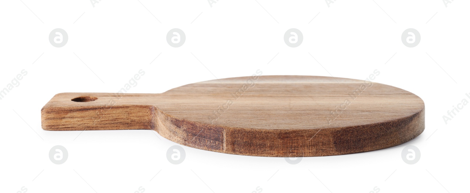 Photo of One wooden cutting board on white background