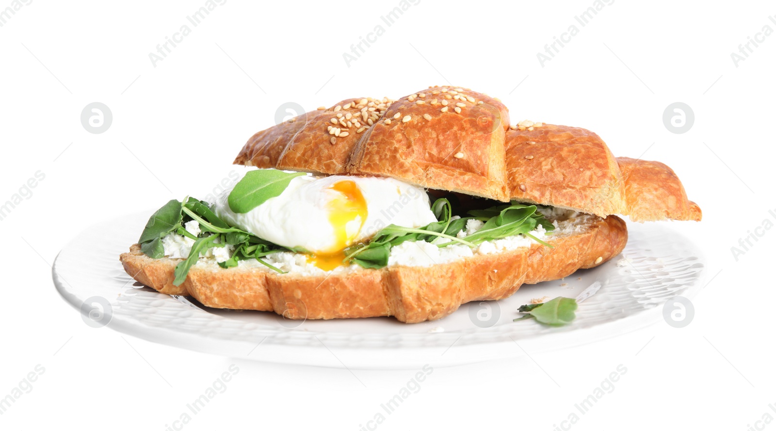 Photo of Delicious croissant with arugula and egg isolated on white