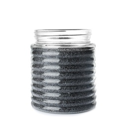 Photo of Poppy seeds in glass jar on white background