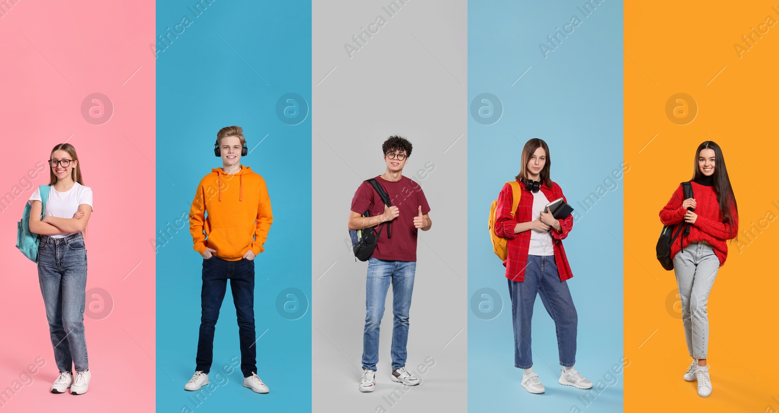 Image of Photos of teenagers on different color backgrounds, collage