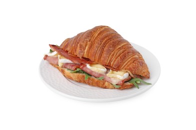 Photo of Tasty croissant with brie cheese, ham and bacon isolated on white