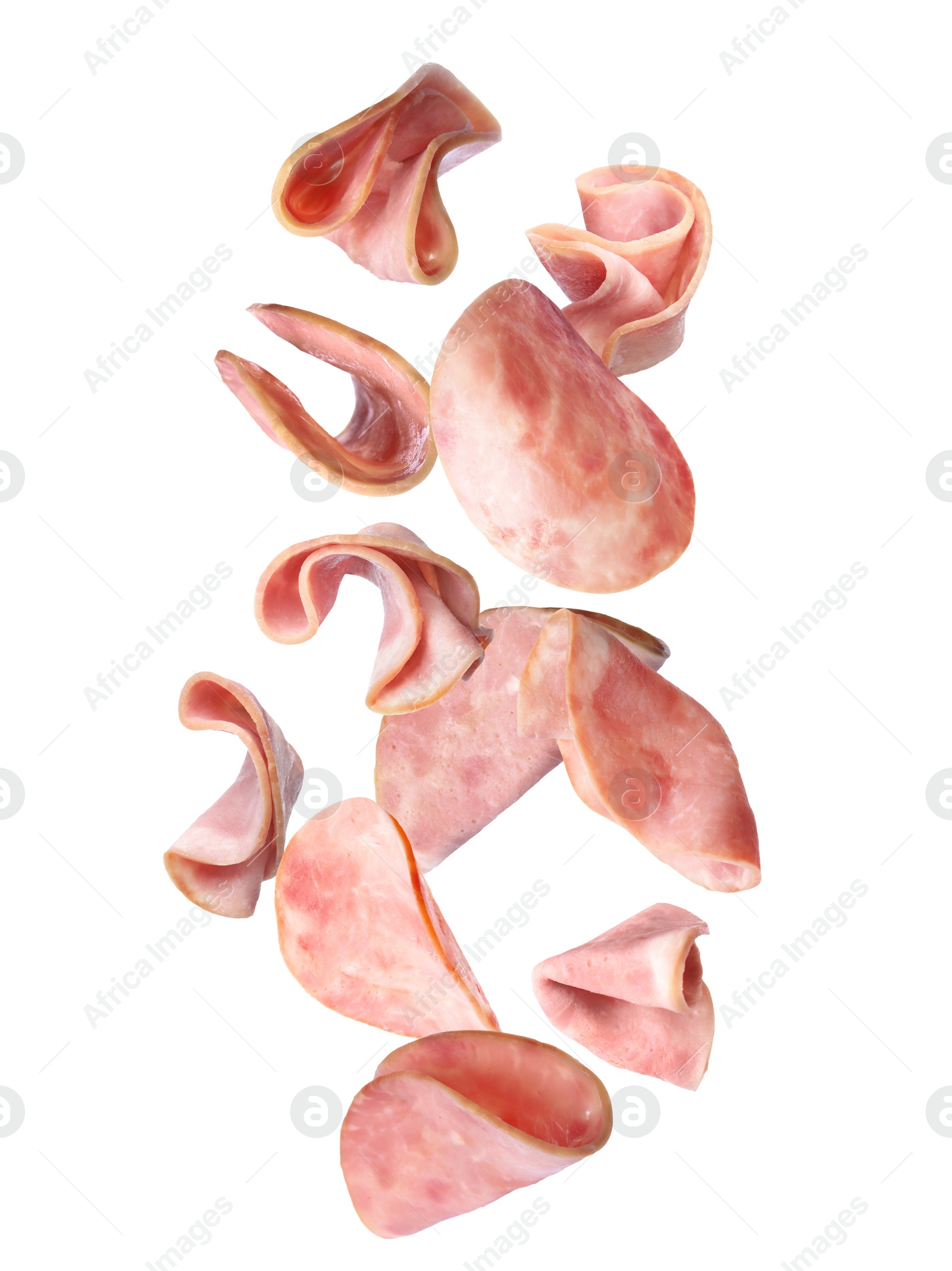 Image of Set of flying cut fresh ham on white background
