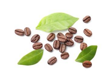 Photo of Roasted coffee beans and leaves isolated on white, top view