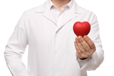 Photo of Doctor holding red heart on white background, closeup. Cardiology concept