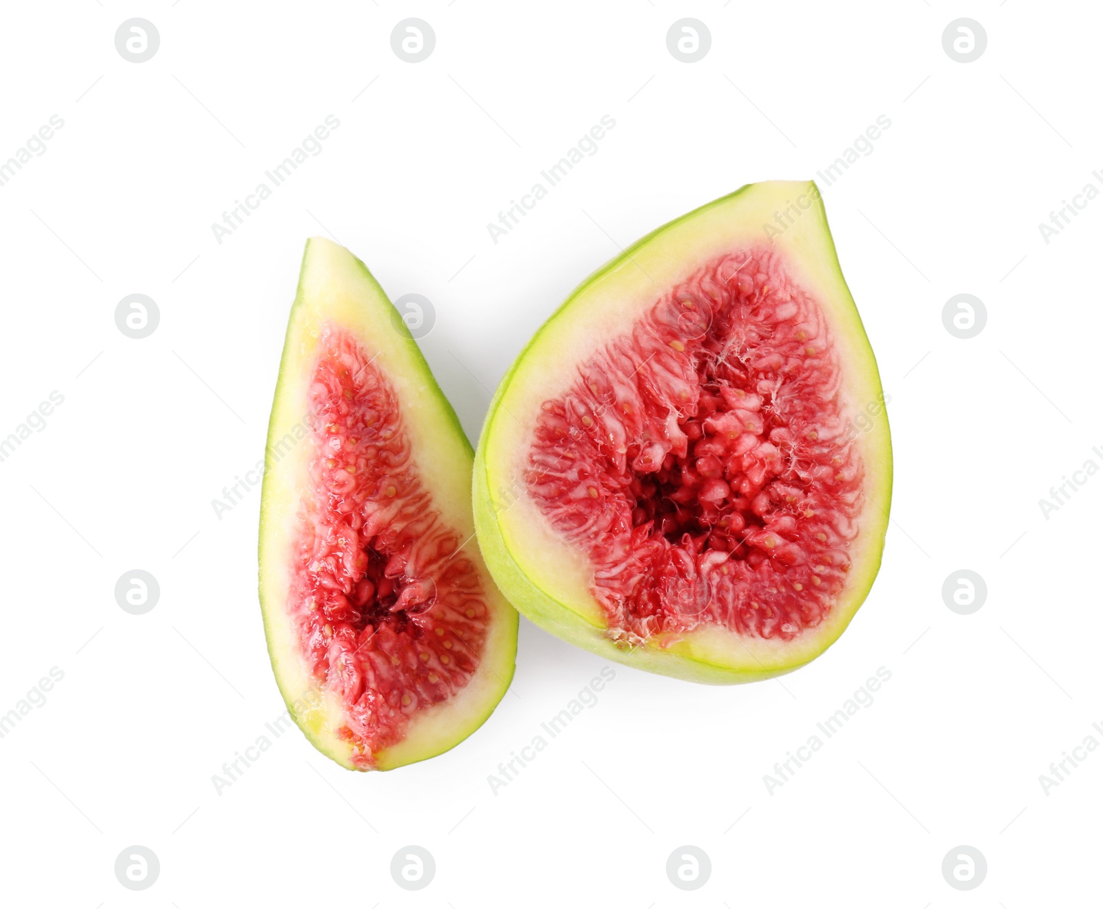 Photo of Cut fresh green fig isolated on white, top view