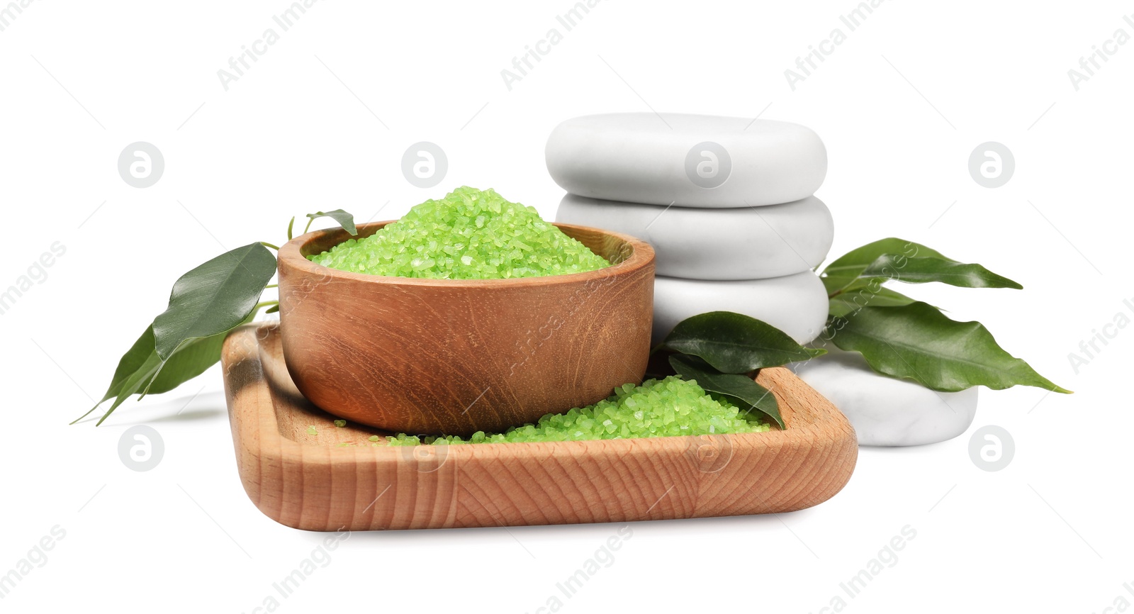 Photo of Green sea salt in bowl, spa stones and leaves isolated on white