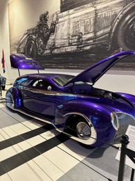 Hague, Netherlands - November 8, 2022: Beautiful view of blue retro car in Louwman museum