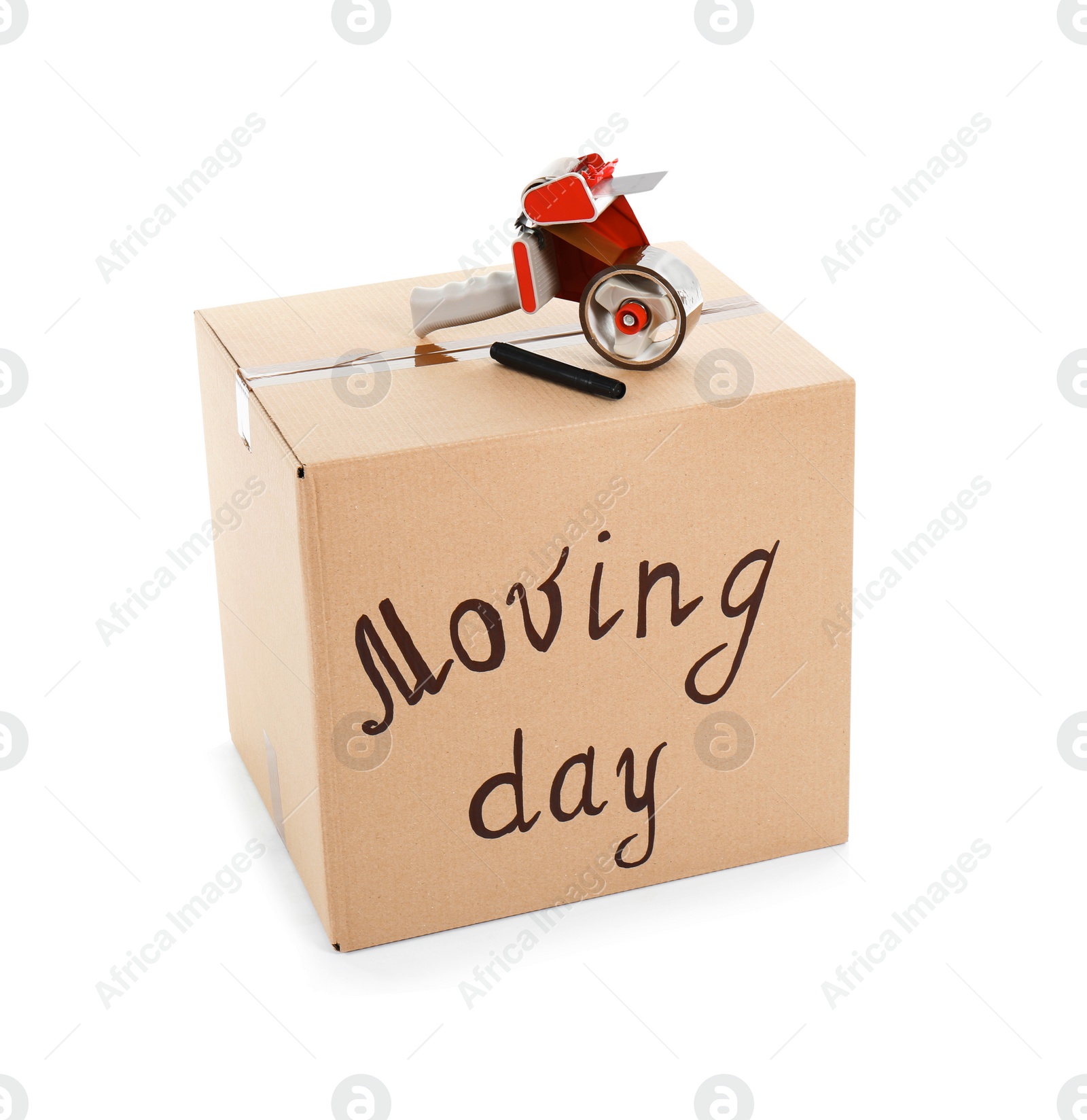 Photo of Moving box, marker and adhesive tape dispenser on white background