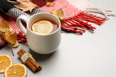 Photo of Composition with tea and warm plaid on light table