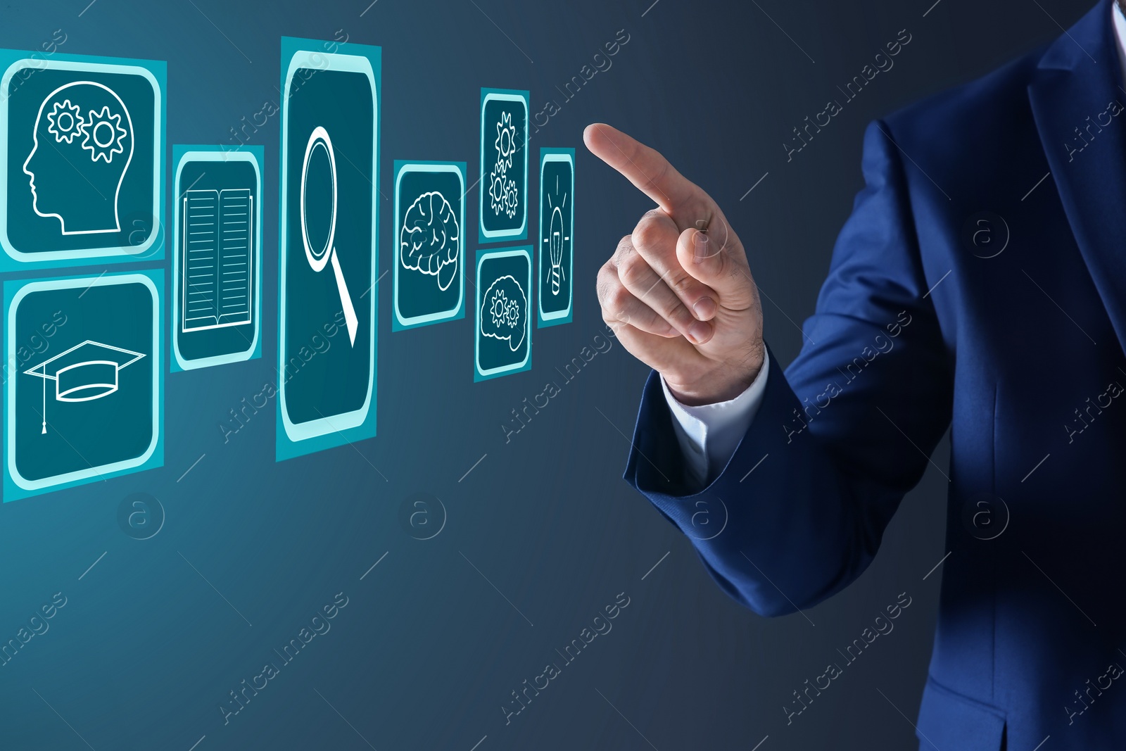 Image of E-learning. Man using virtual screen with different icons on dark background, closeup