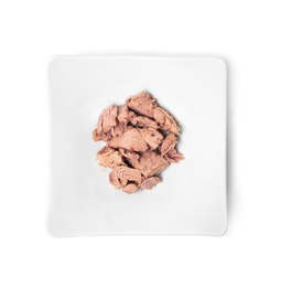 Photo of Plate with canned tuna on white background, top view