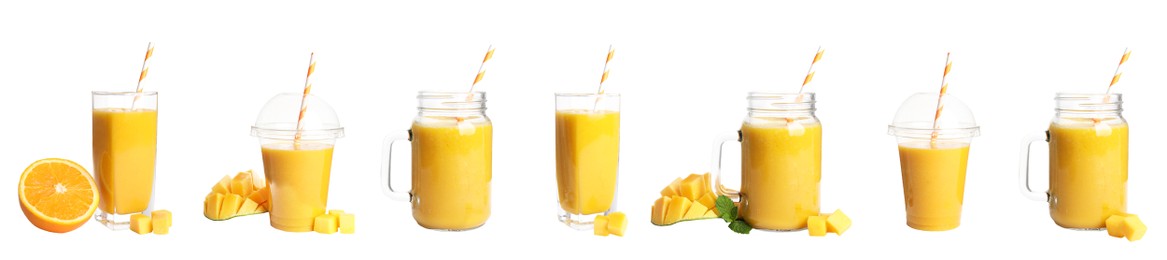 Set with tasty smoothies on white background. Banner design