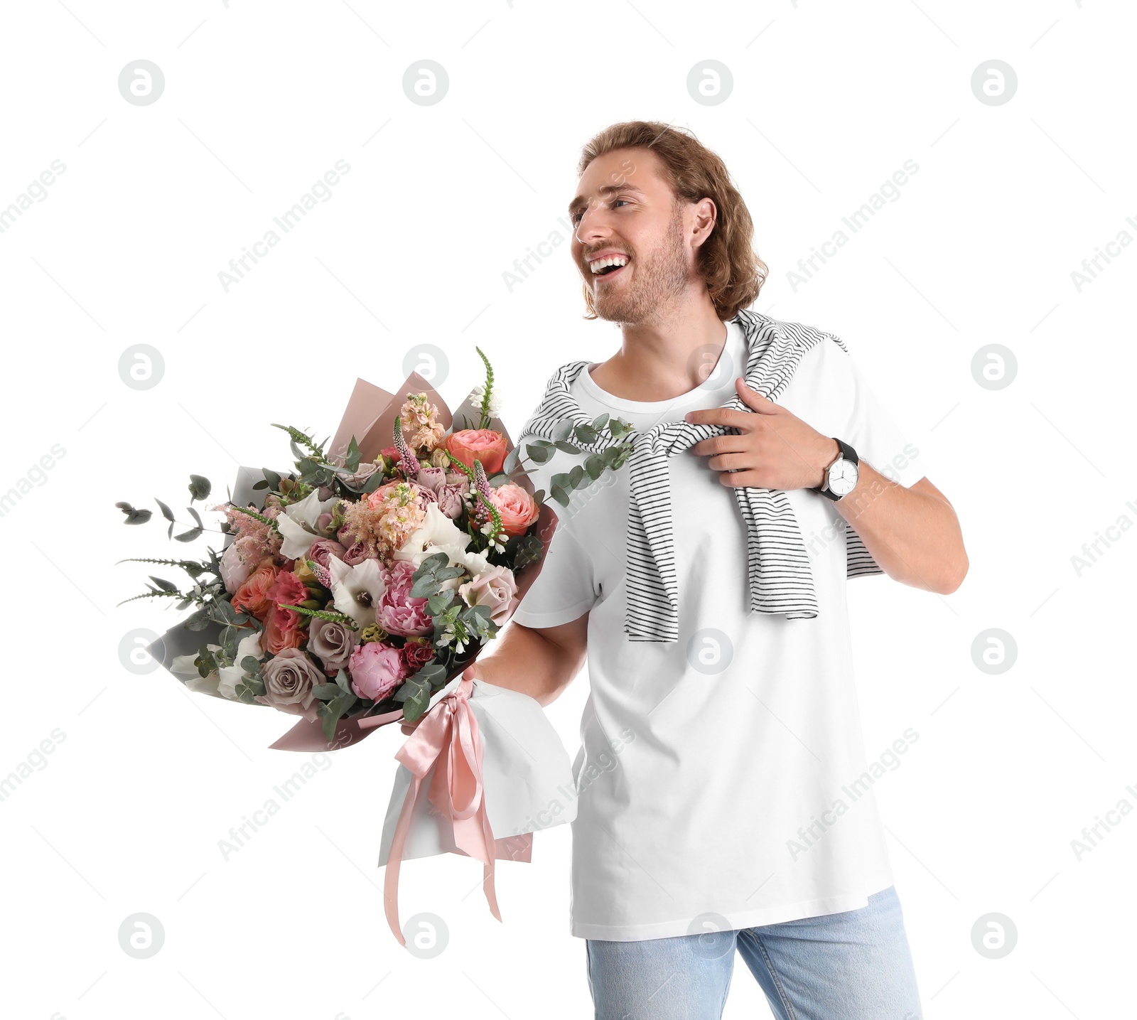 Photo of Young handsome man with beautiful flower bouquet on white background