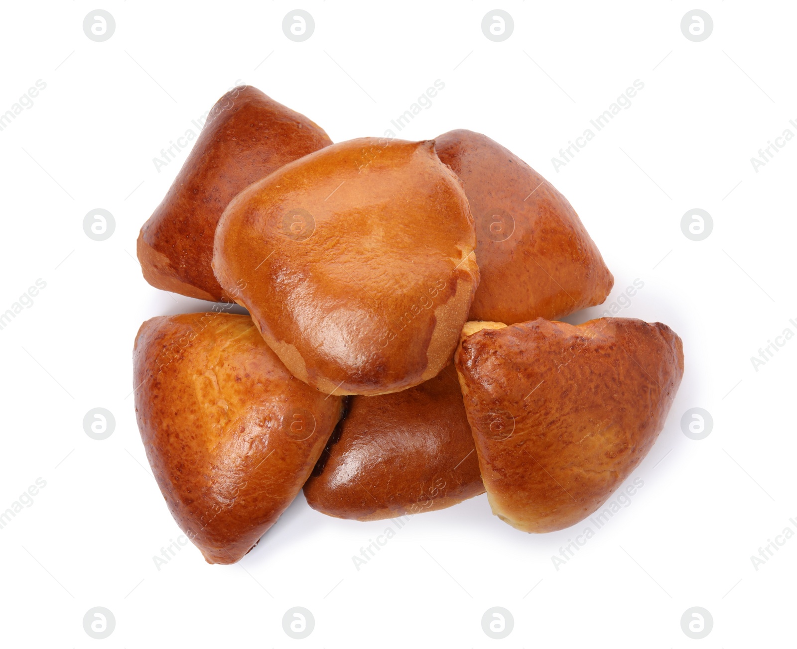 Photo of Delicious baked pirozhki on white background, top view