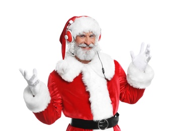 Photo of Santa Claus listening to Christmas music on white background