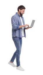 Happy man with laptop on white background