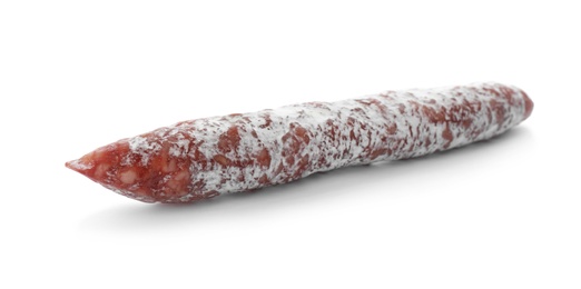 Photo of Tasty sausage on white background. Meat product