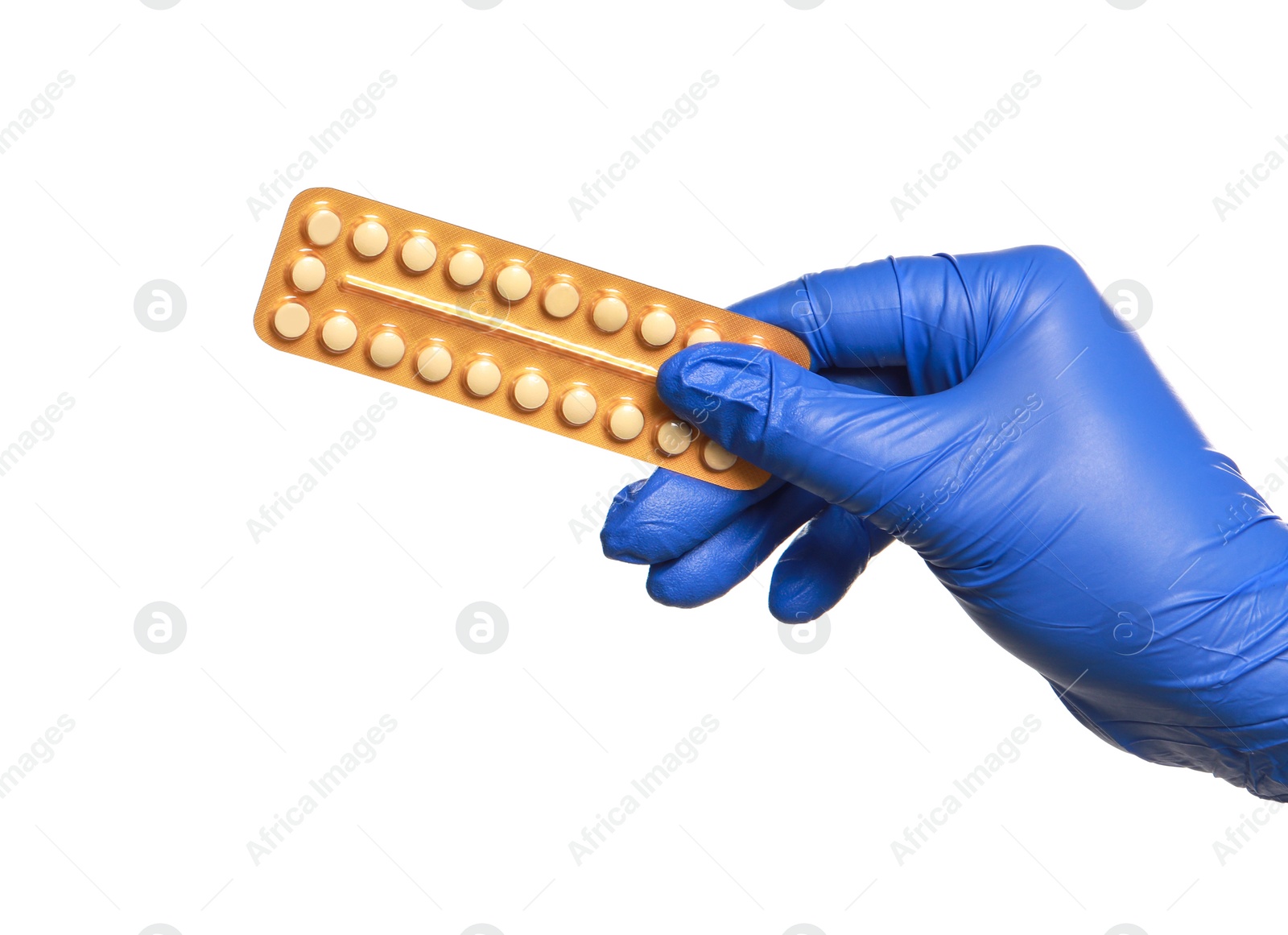 Photo of Doctor holding blister of oral contraception pills on white background, closeup