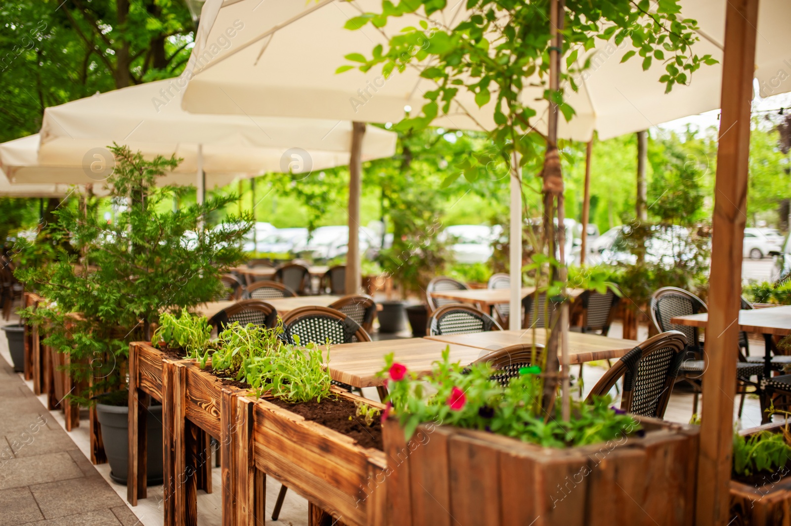 Photo of Beautiful cafe with stylish furniture and plants outdoors