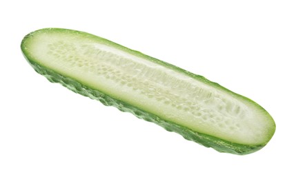 Photo of Half of fresh ripe cucumber on white background