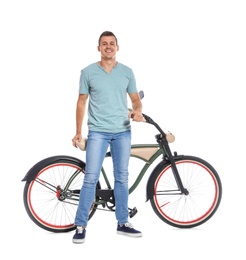 Portrait of handsome man with bicycle on white background