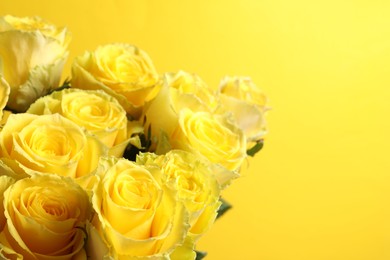 Beautiful bouquet of roses on yellow background, closeup. Space for text