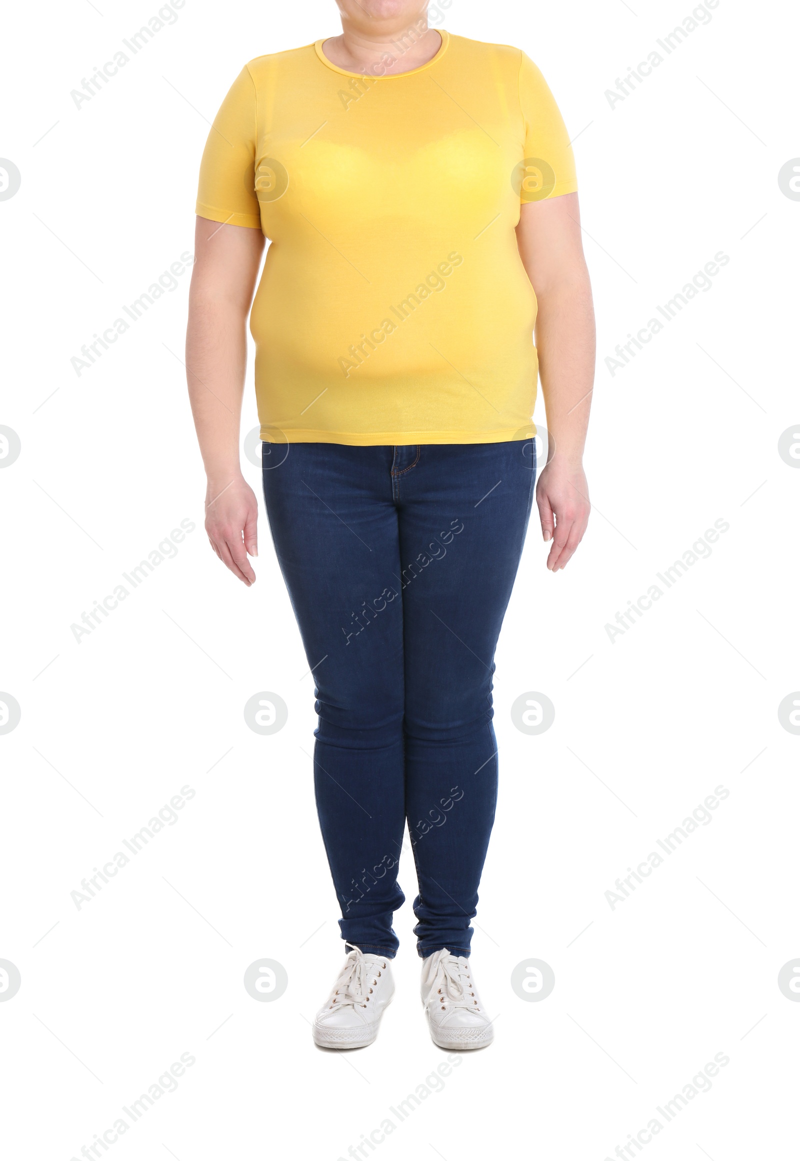 Photo of Overweight woman on white background, closeup. Weight loss