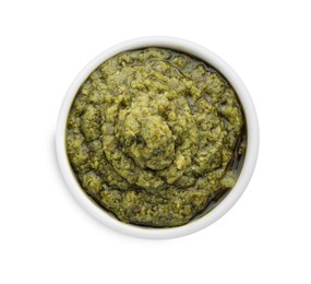 Tasty pesto sauce in bowl isolated on white, top view