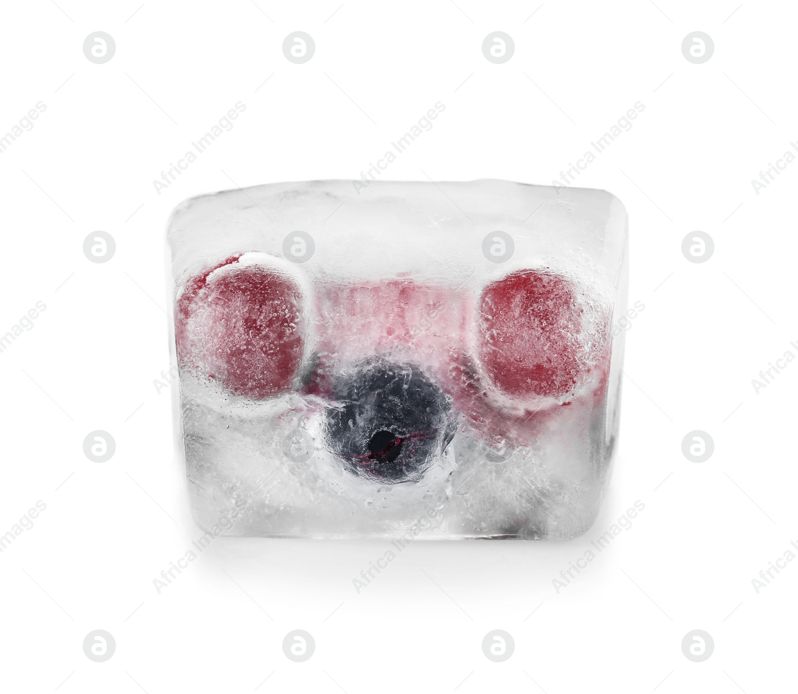 Photo of Raw berries frozen in ice cube on white background