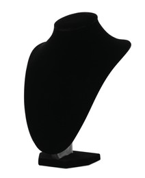 Photo of Empty black velvet jewelry bust isolated on white