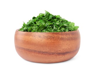 Photo of Chopped parsley leaves in wooden bowl isolated on white