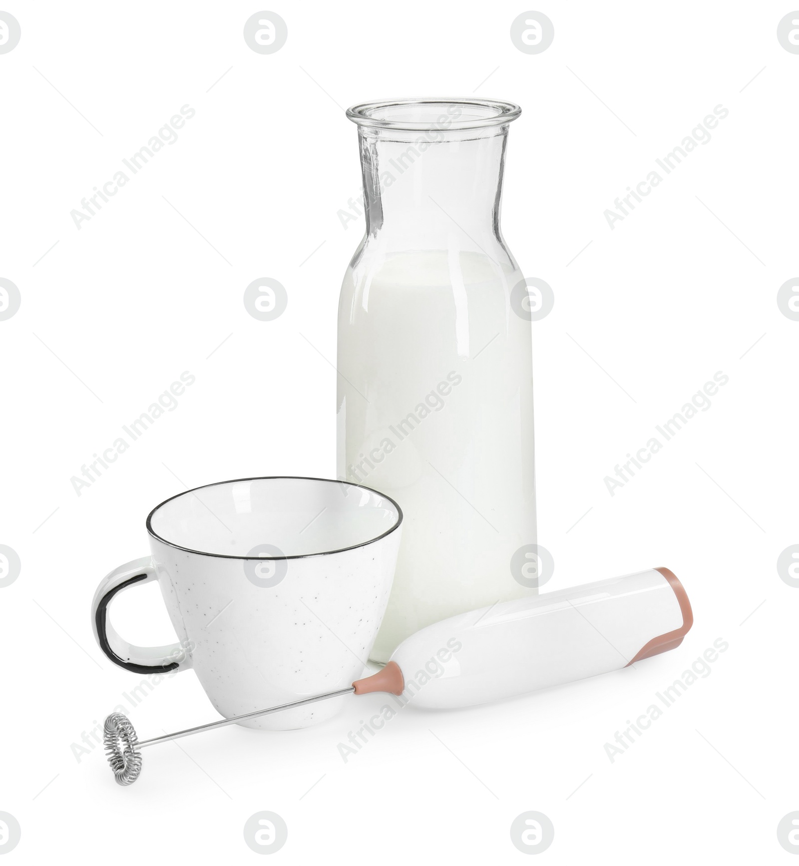 Photo of Mini mixer (milk frother), cup and bottle isolated on white