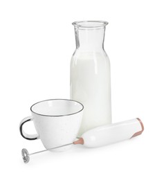 Mini mixer (milk frother), cup and bottle isolated on white