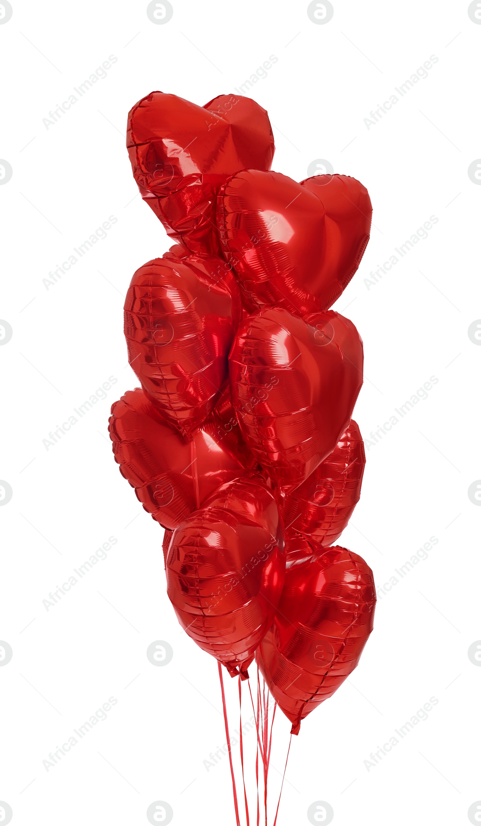 Photo of Many red heart shaped balloons isolated on white. Valentine's day celebration