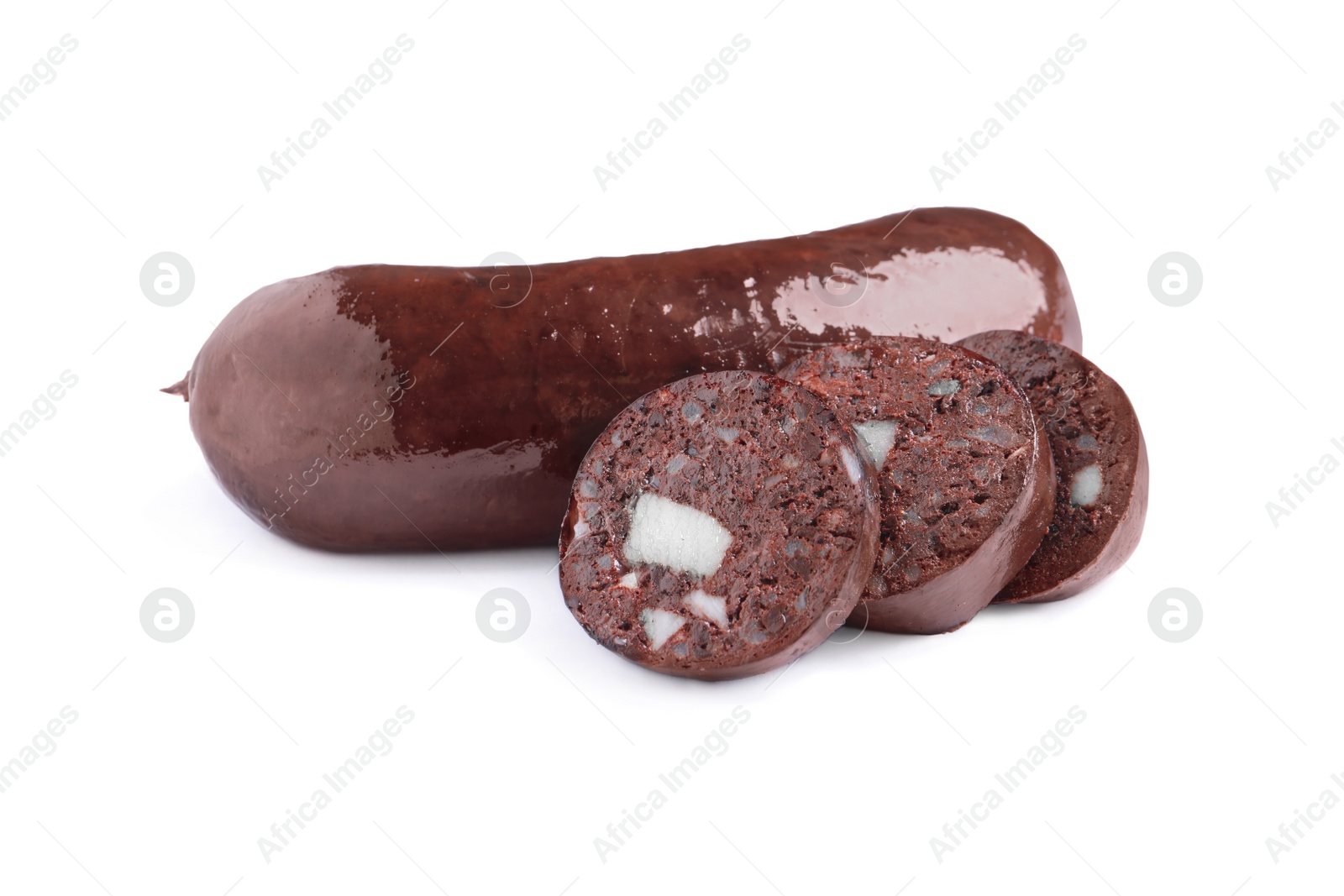 Photo of Cut and whole tasty blood sausages on white background