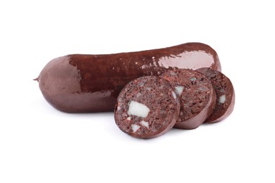 Photo of Cut and whole tasty blood sausages on white background