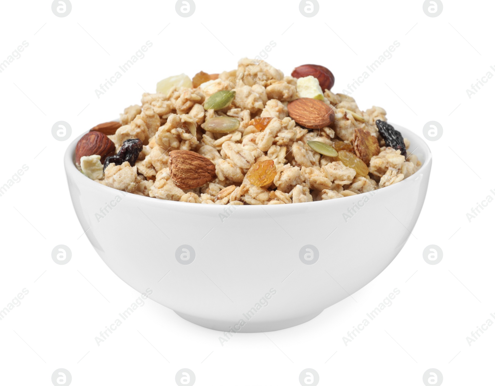 Photo of Granola in bowl on white background. Healthy snack