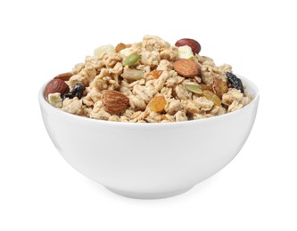 Photo of Granola in bowl on white background. Healthy snack