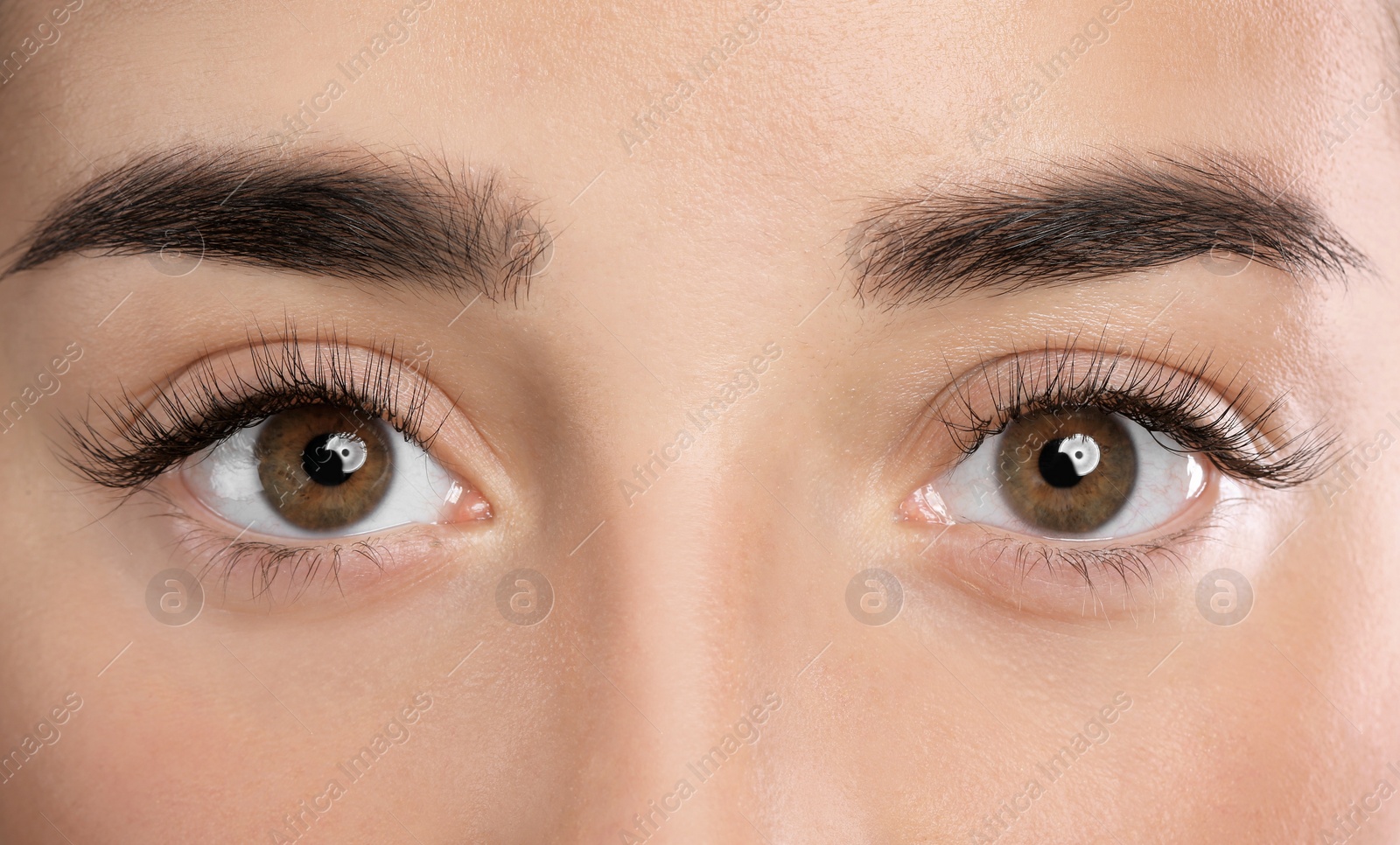 Photo of Young woman with beautiful eyelashes, closeup view