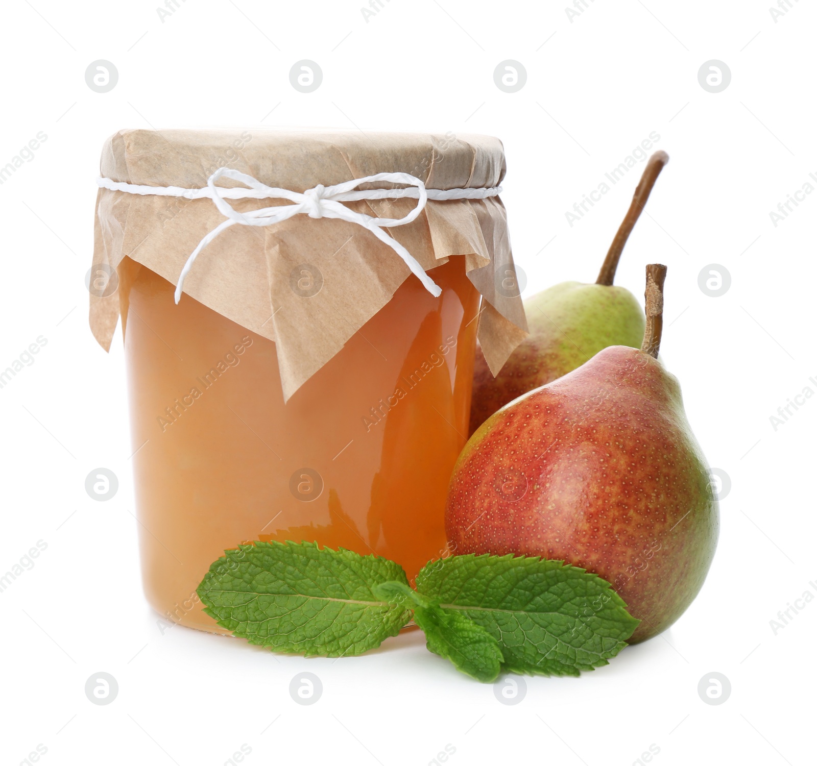 Photo of Delicious pear jam and fresh fruits on white background