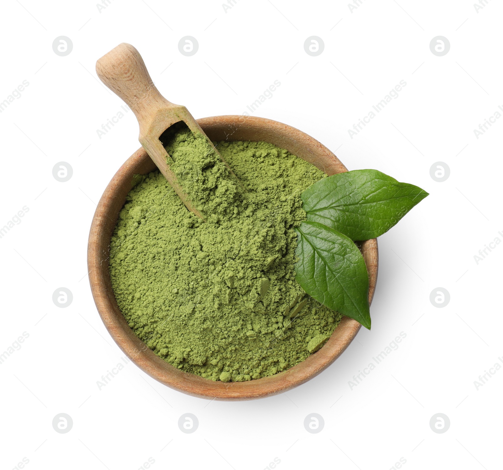 Photo of Green matcha powder in bowl, scoop and leaves isolated on white, top view