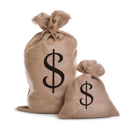 Image of Burlap bags with dollar signs on white background