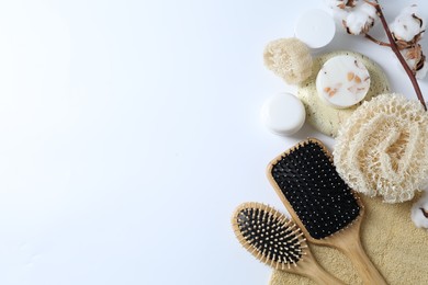 Photo of Bath accessories. Flat lay composition with personal care products on white background, space for text