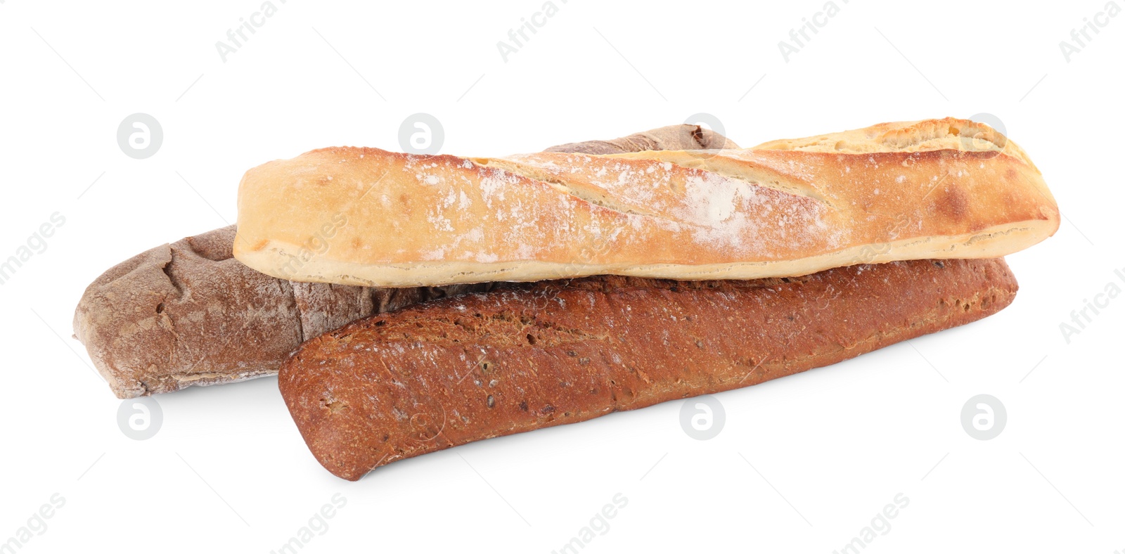 Photo of Different tasty baguettes on white background. Fresh bread